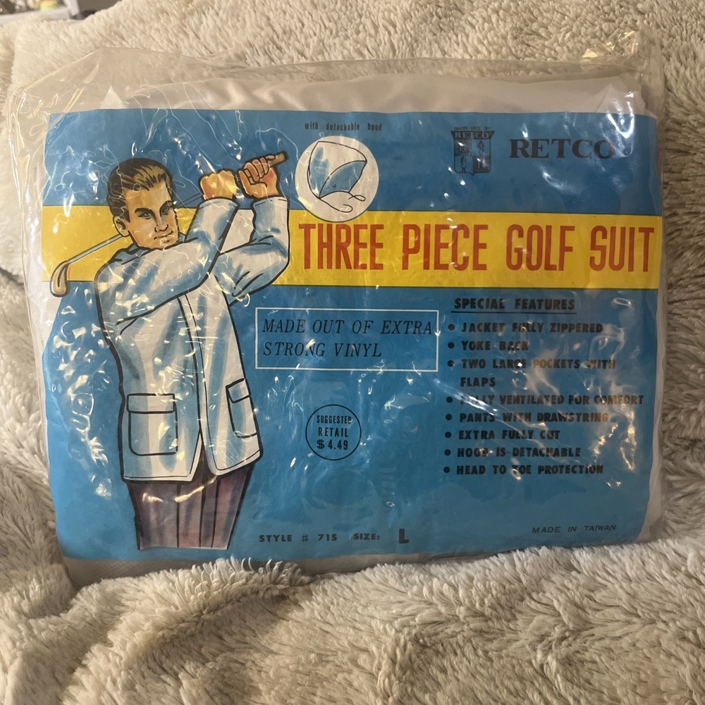 NOS Vintage Retco Vinyl 3 Piece Golf Suit W/hood Size L Rain Gear New in Pack